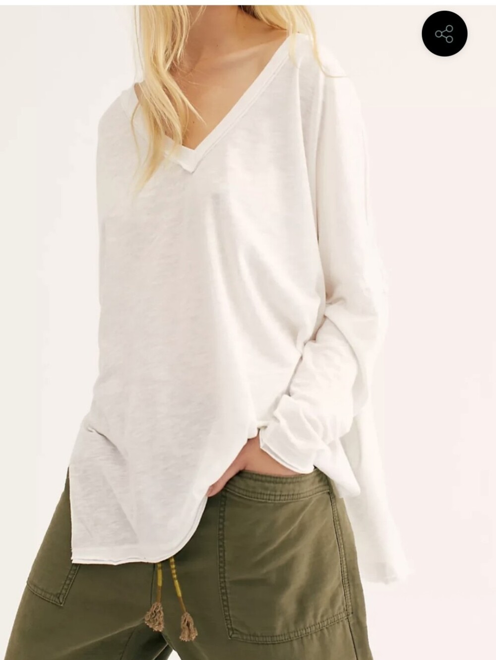 Free People We The Free Around The Bay V Neck OversizeLong Slv White Top Medium